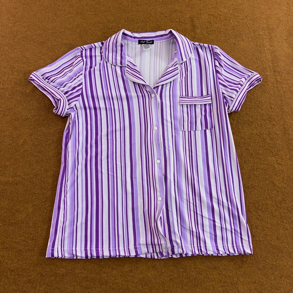 Not Tired Womens Medium Purple Striped Button Up Short Sleeve Pajama Top